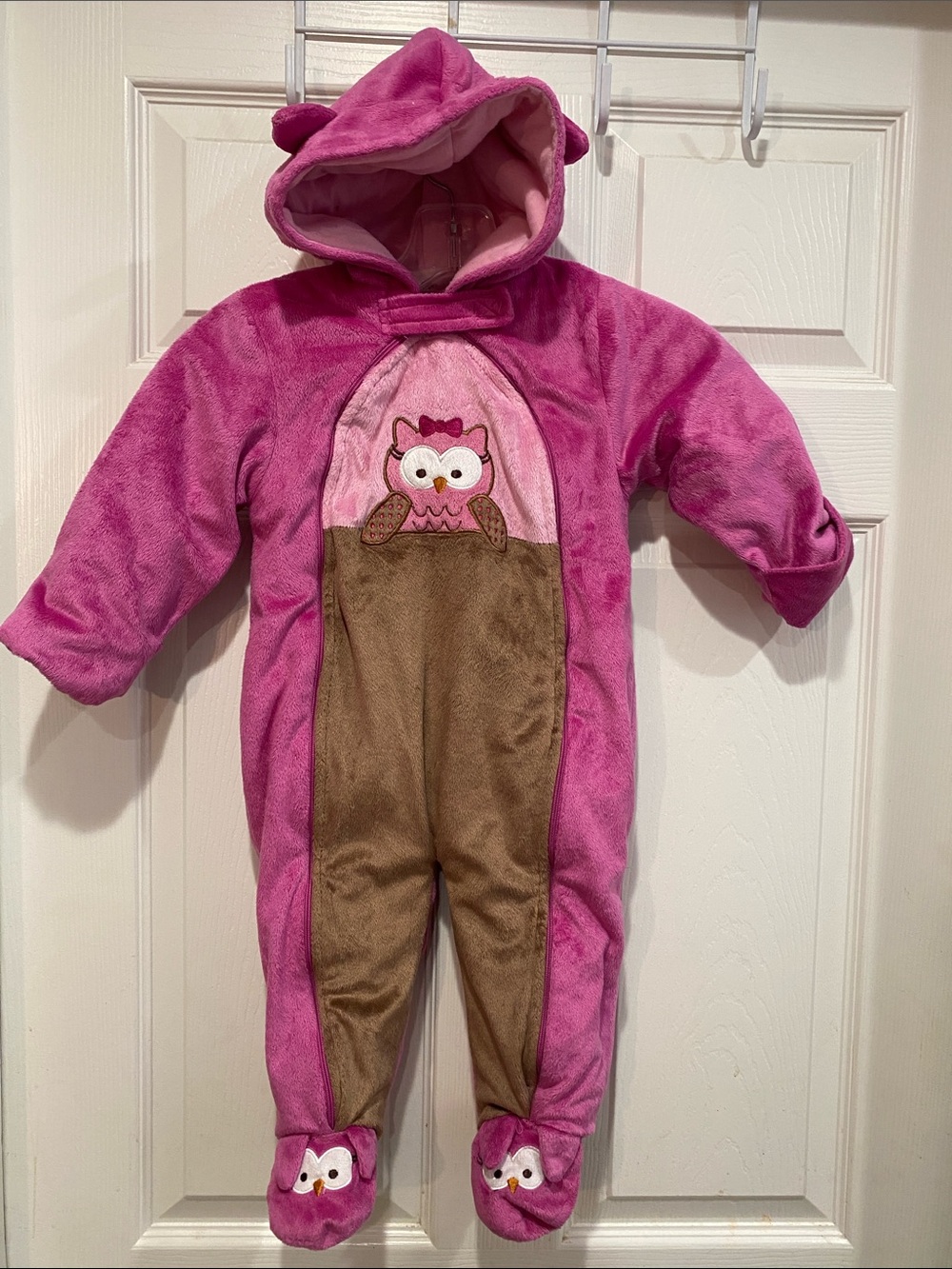 Lullababy Toddler Plush Pink Owl Footed One-Piece  snowsuit size 18 months